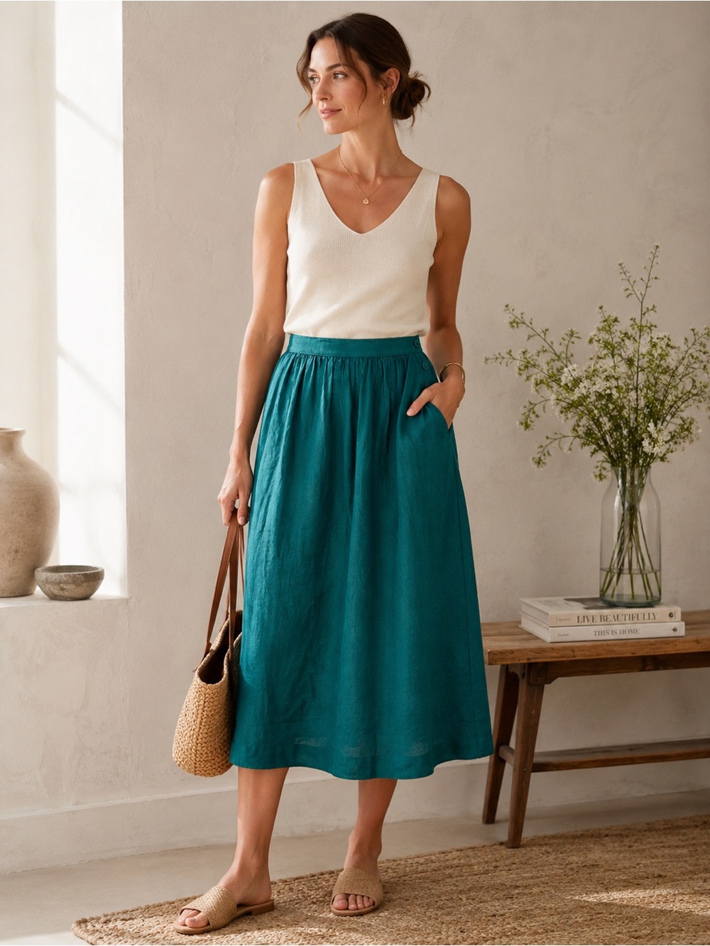 Vintage USA Made Linen Blend Midi Skirt Teal Green Pockets ILGWU Union Size 6